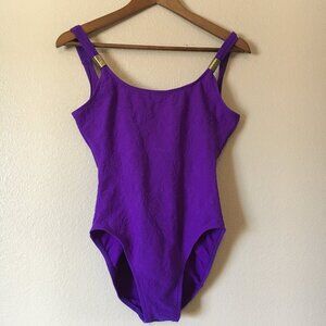 Vintage Jantzen Swimsuit 12 Purple Floral Gold High-Cut One Piece Bodysuit USA